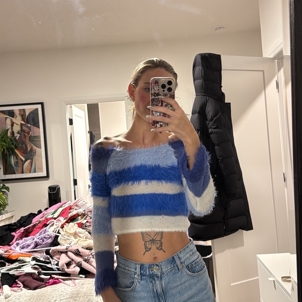 Kimchi Blue Fuzzy Off-Shoulder Sweater in Blue and White